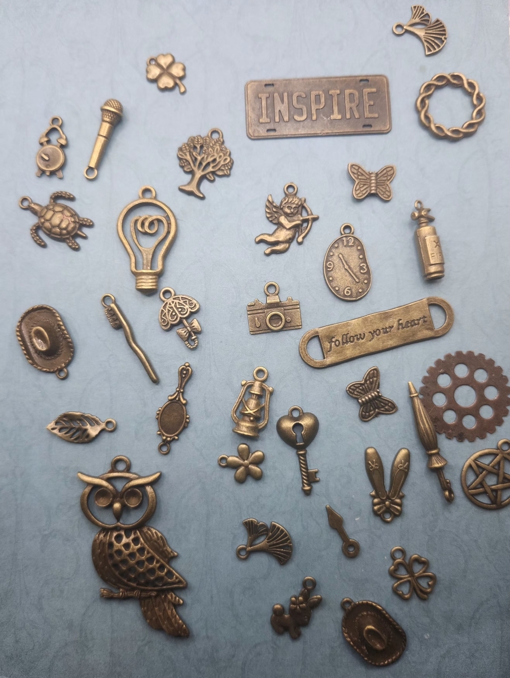 Antique Brass Charm Assortment - Owl, Inspire Plate, Keys & More 30 Pc